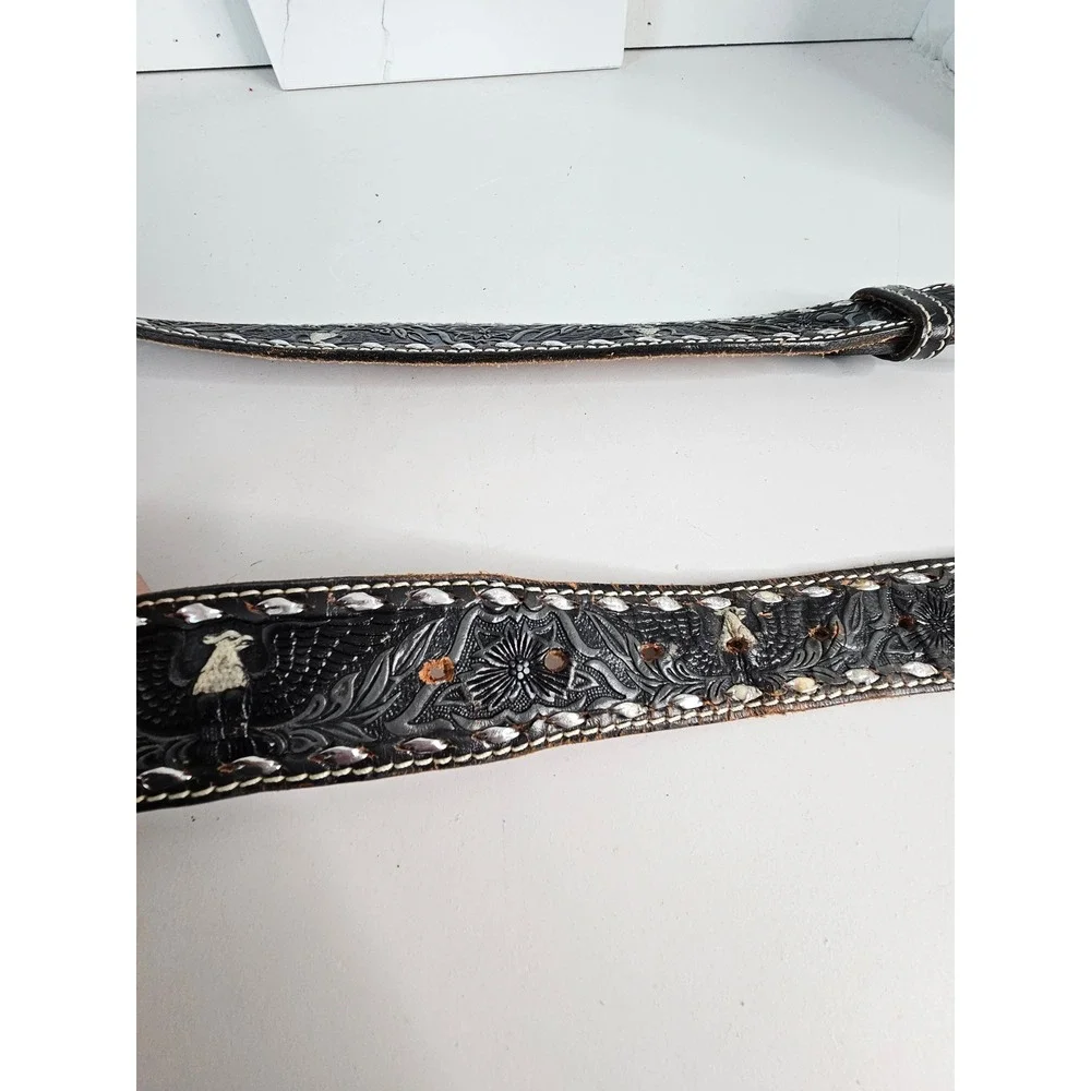 Vintage Black Tooled Leather Western Belt Eagle Floral Silver Laced USA Made 44